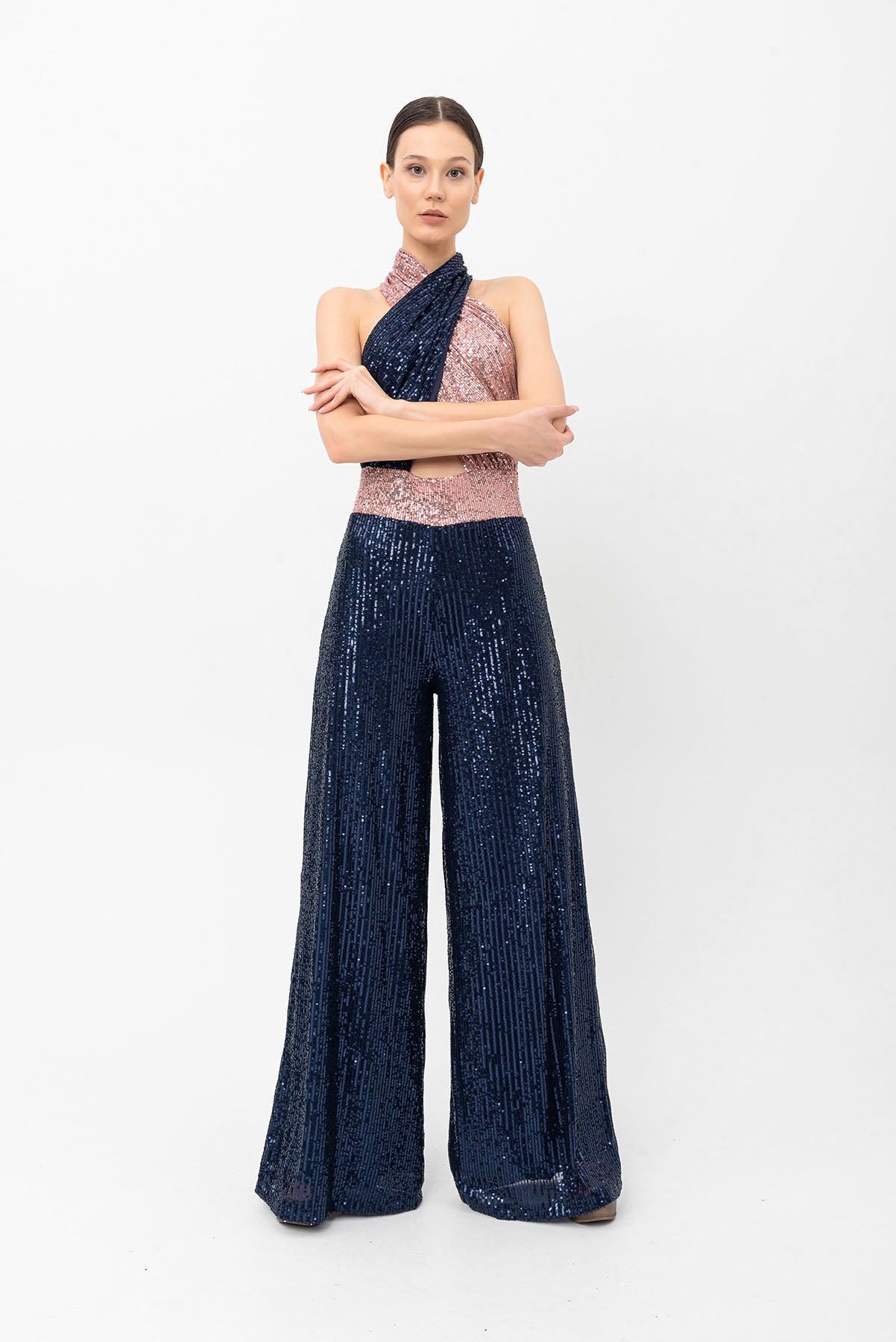 Pul Payetli Halter Yaka Pembe Lacivert Wide Leg Tulum