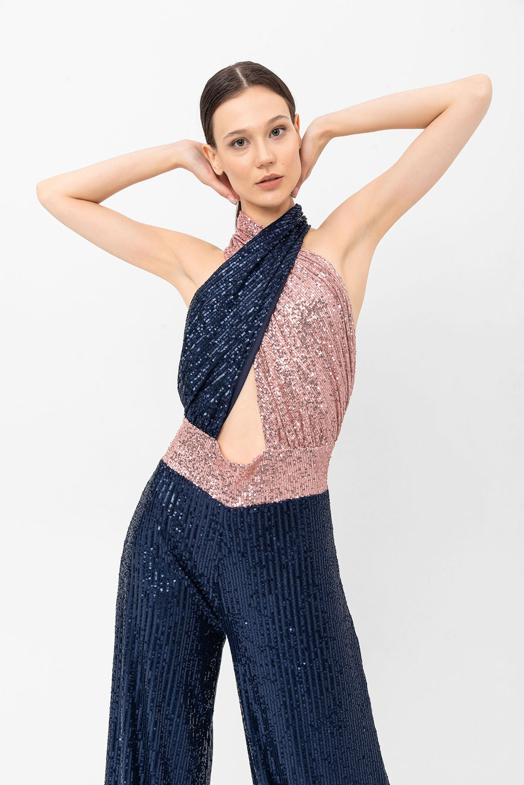 Pul Payetli Halter Yaka Pembe Lacivert Wide Leg Tulum