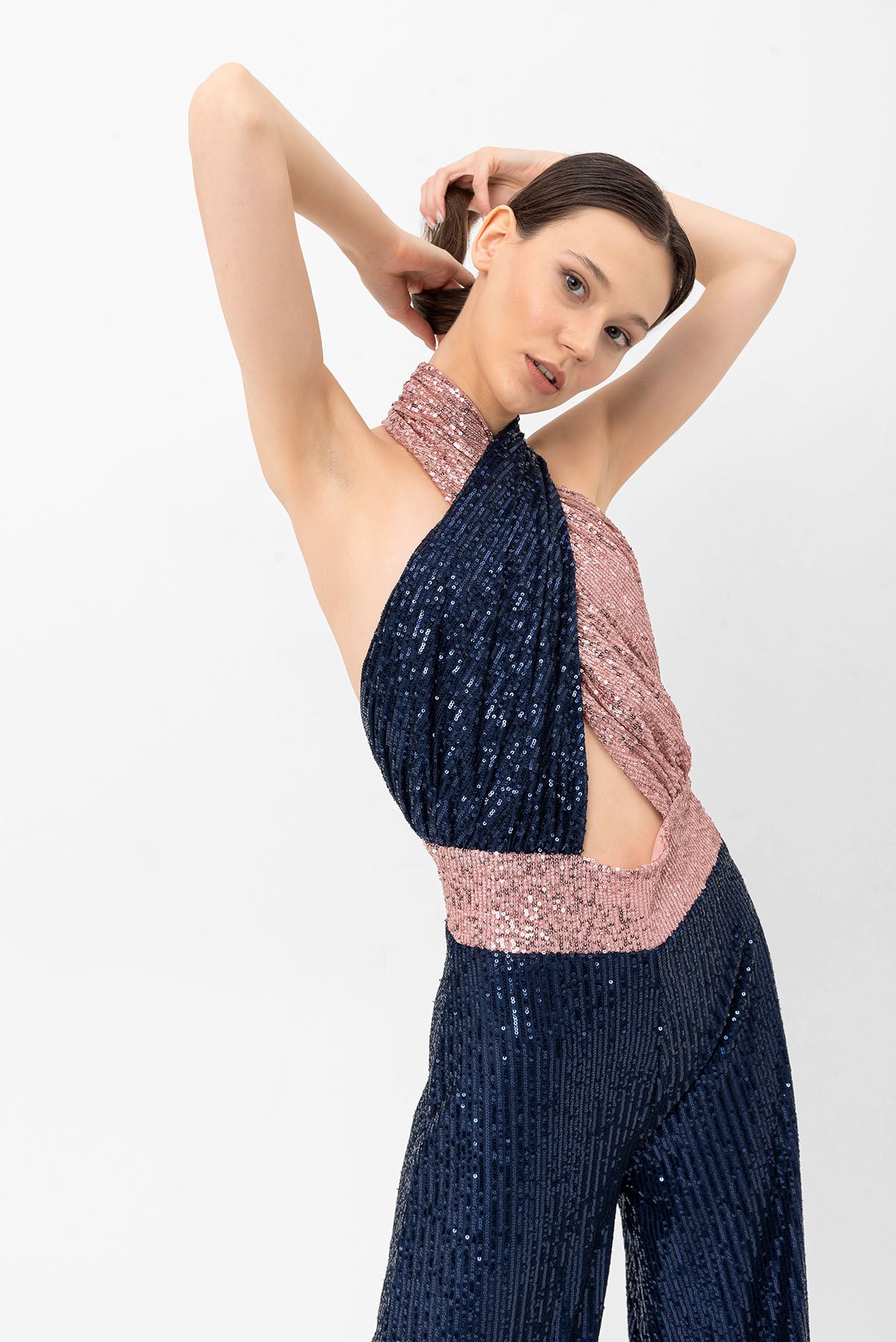 Pul Payetli Halter Yaka Pembe Lacivert Wide Leg Tulum