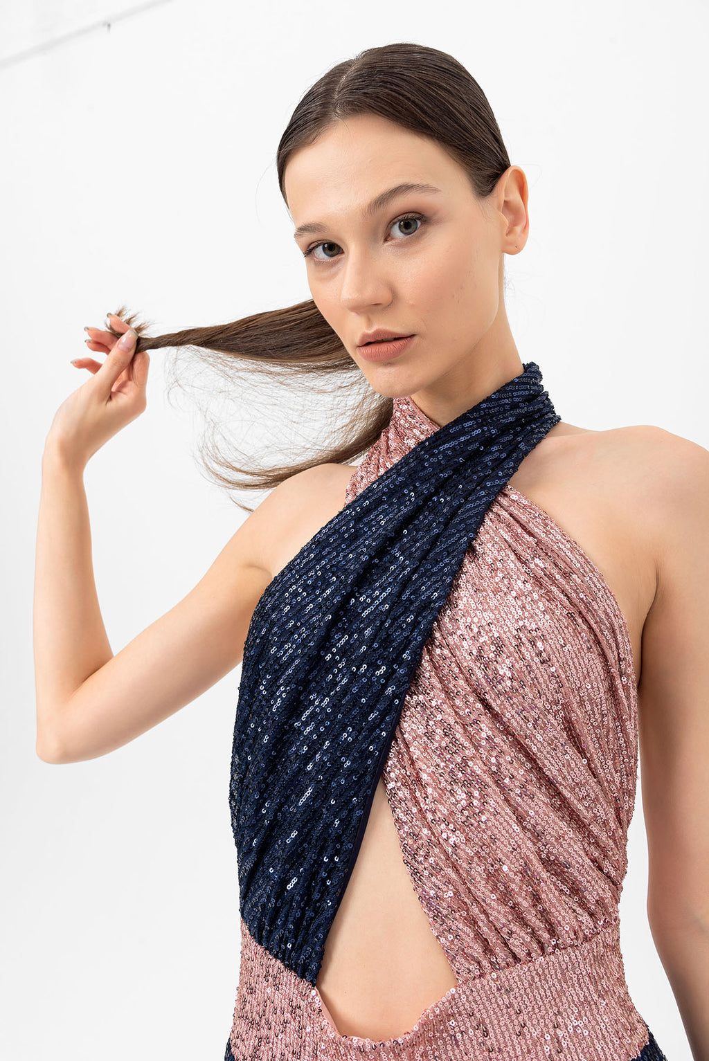 Pul Payetli Halter Yaka Pembe Lacivert Wide Leg Tulum