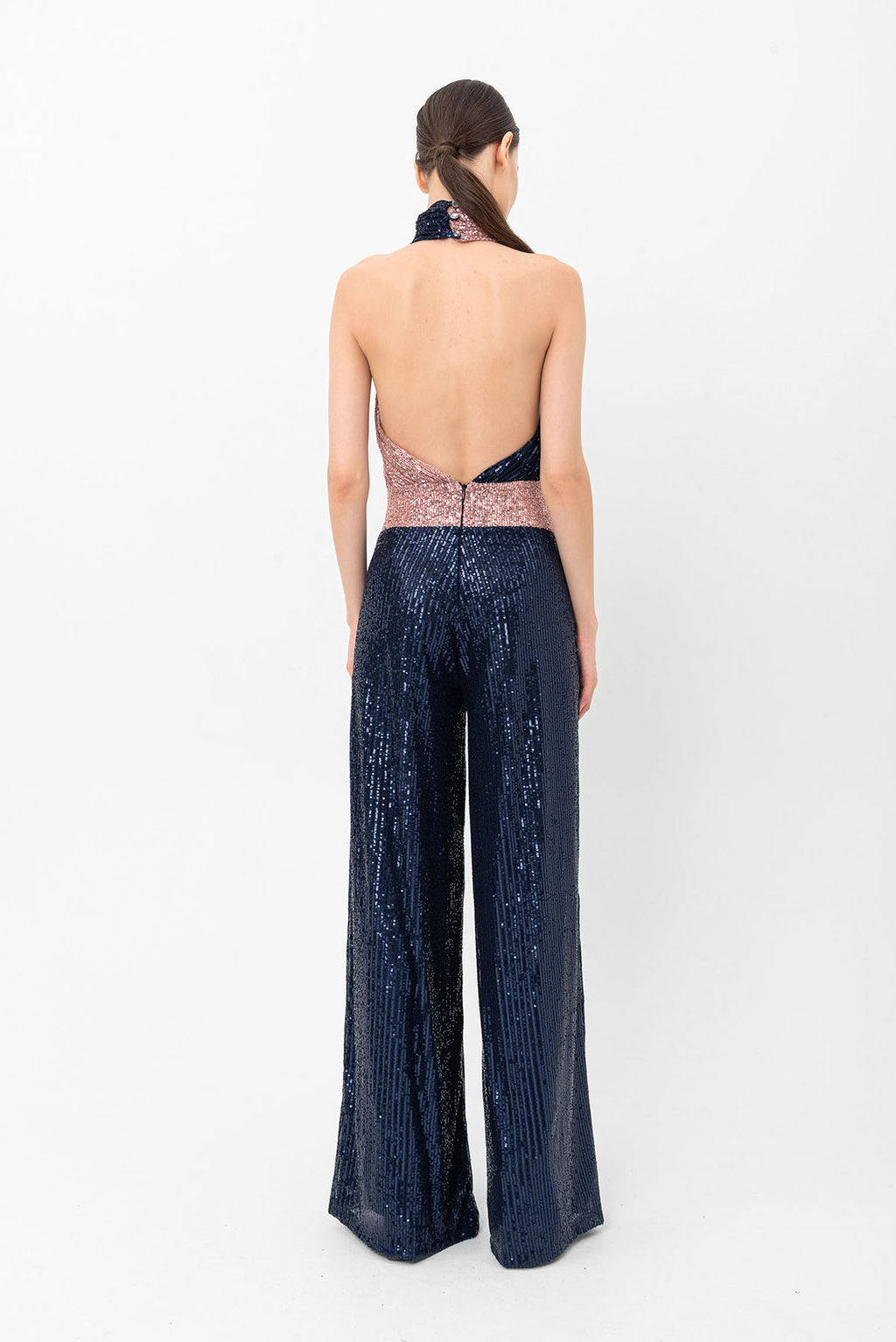 Pul Payetli Halter Yaka Pembe Lacivert Wide Leg Tulum