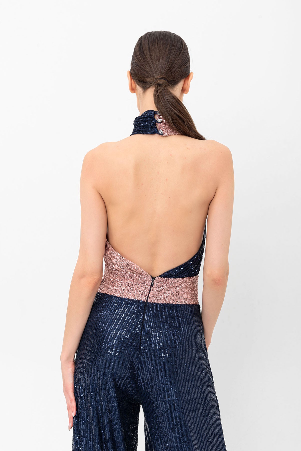 Pul Payetli Halter Yaka Pembe Lacivert Wide Leg Tulum