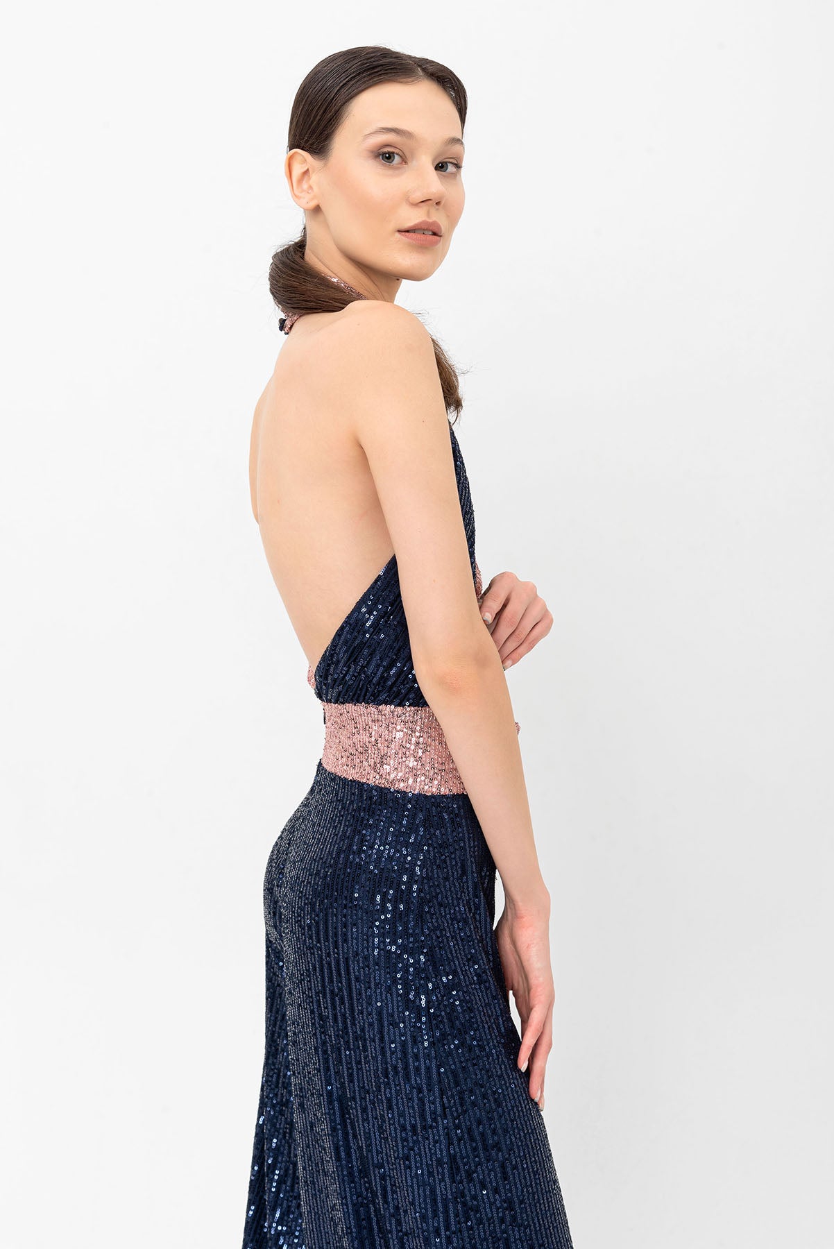 Pul Payetli Halter Yaka Pembe Lacivert Wide Leg Tulum