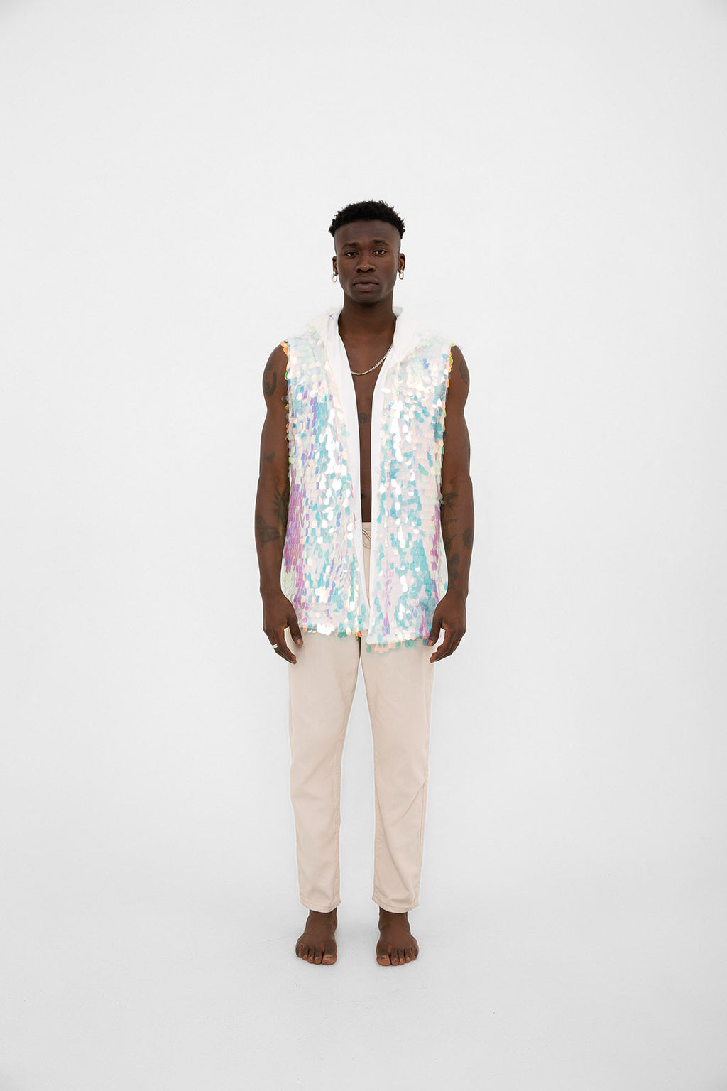 Beyaz Hologram Mermaid Pullu Kapüşonlu Yelek