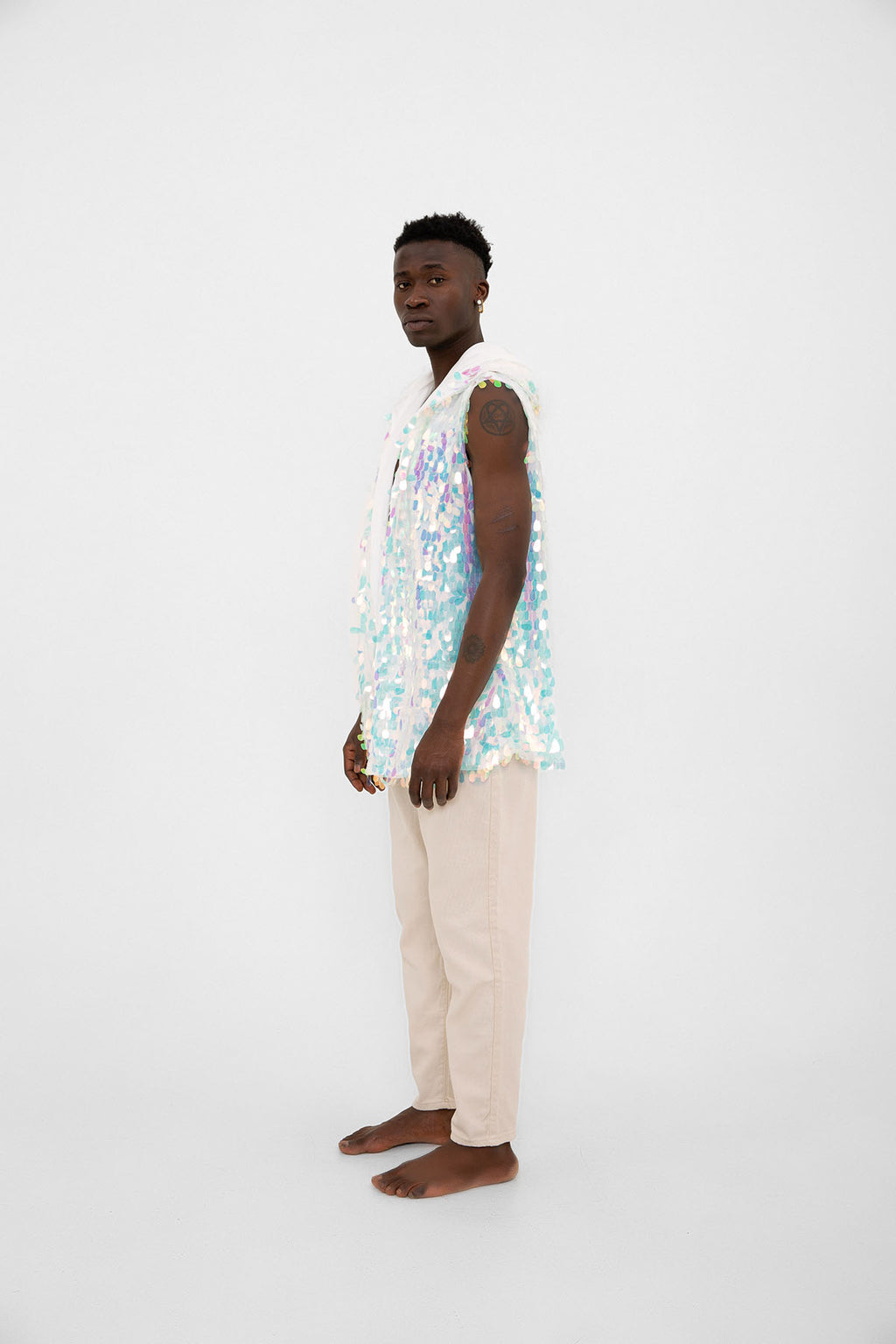 Beyaz Hologram Mermaid Pullu Kapüşonlu Yelek