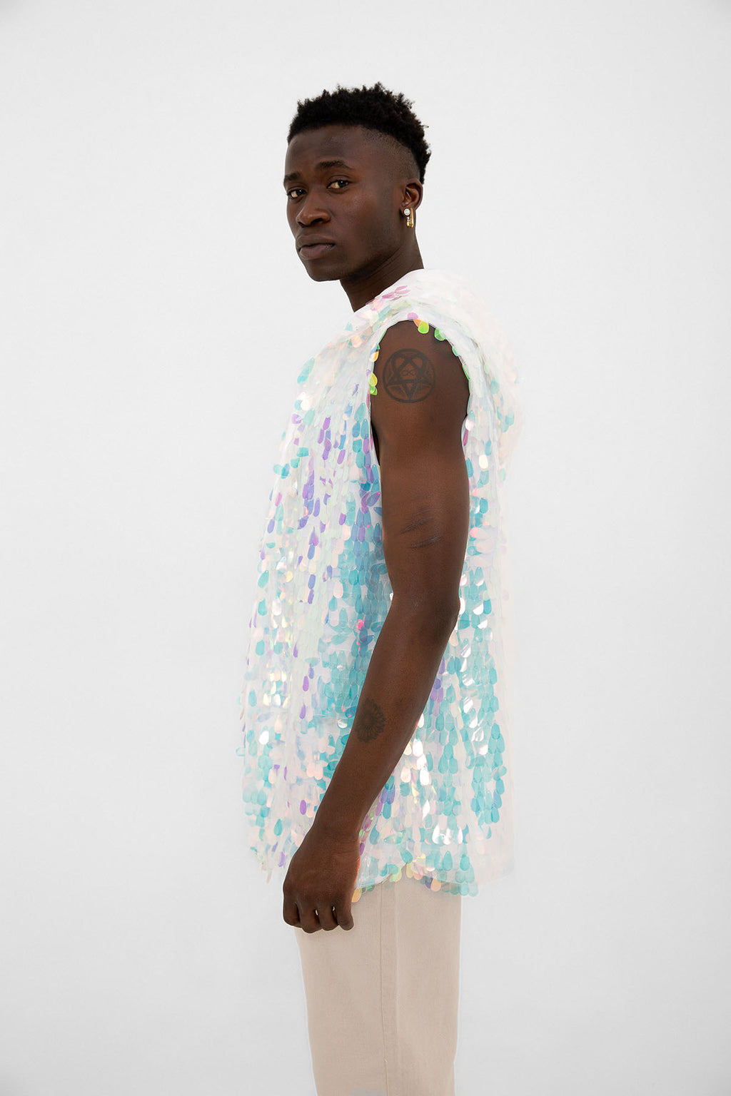 Beyaz Hologram Mermaid Pullu Kapüşonlu Yelek