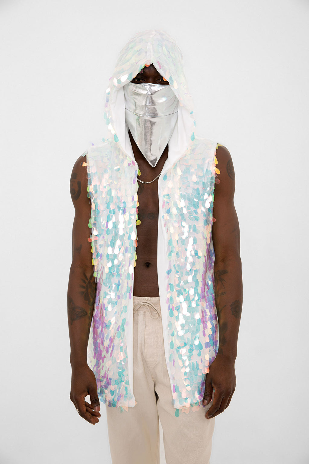 Beyaz Hologram Mermaid Pullu Kapüşonlu Yelek