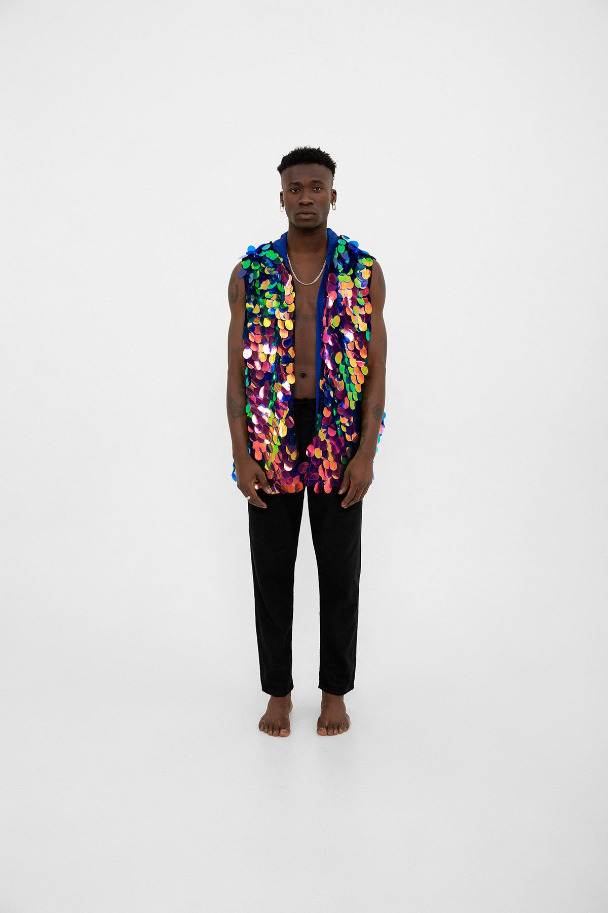 Mavi Yeşil Hologram Mermaid Pullu Kapüşonlu Yelek