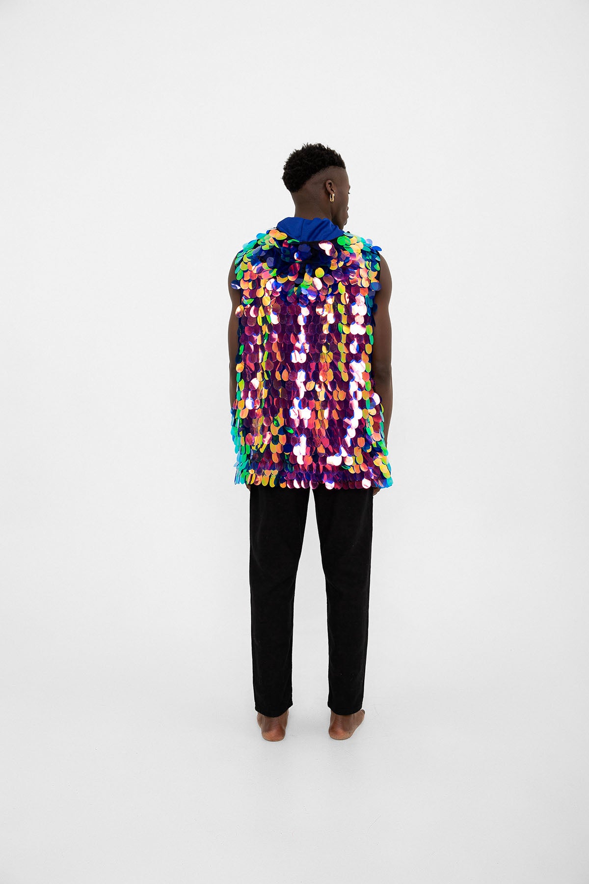 Mavi Yeşil Hologram Mermaid Pullu Kapüşonlu Yelek