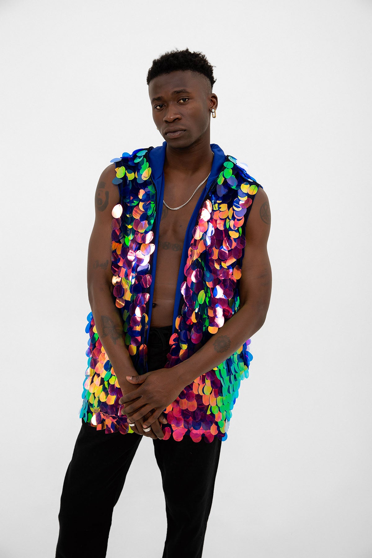 Mavi Yeşil Hologram Mermaid Pullu Kapüşonlu Yelek