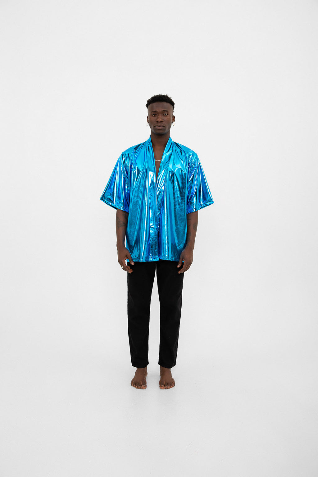 Mavi Parlak Kumaşlı Festival Kimono