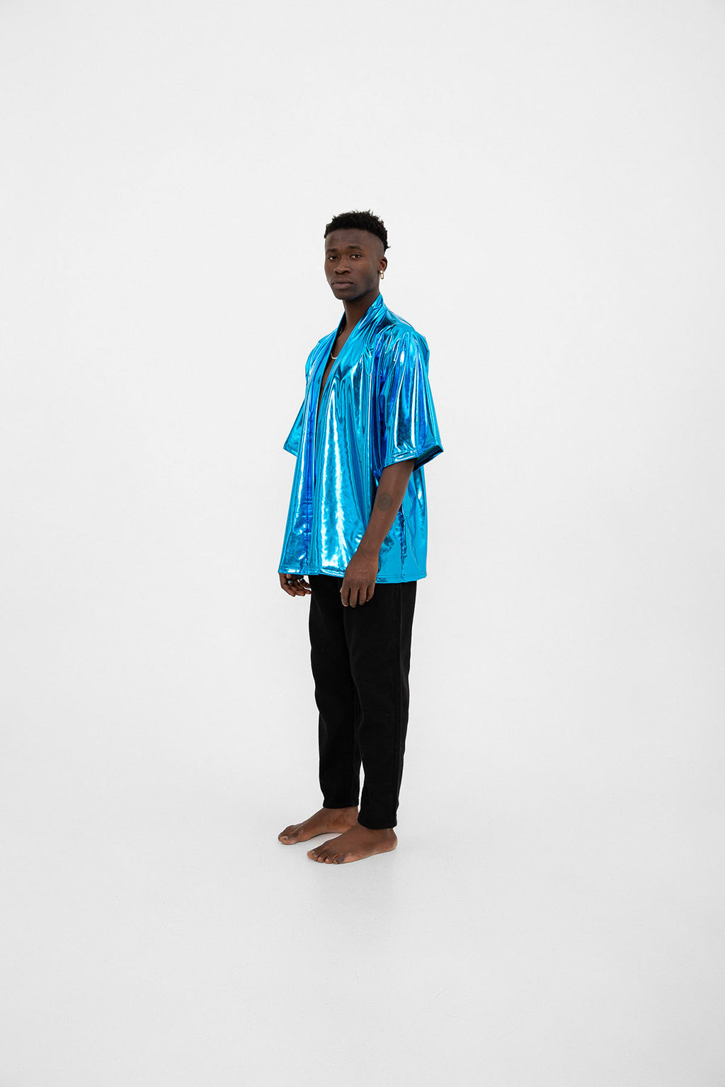 Mavi Parlak Kumaşlı Festival Kimono