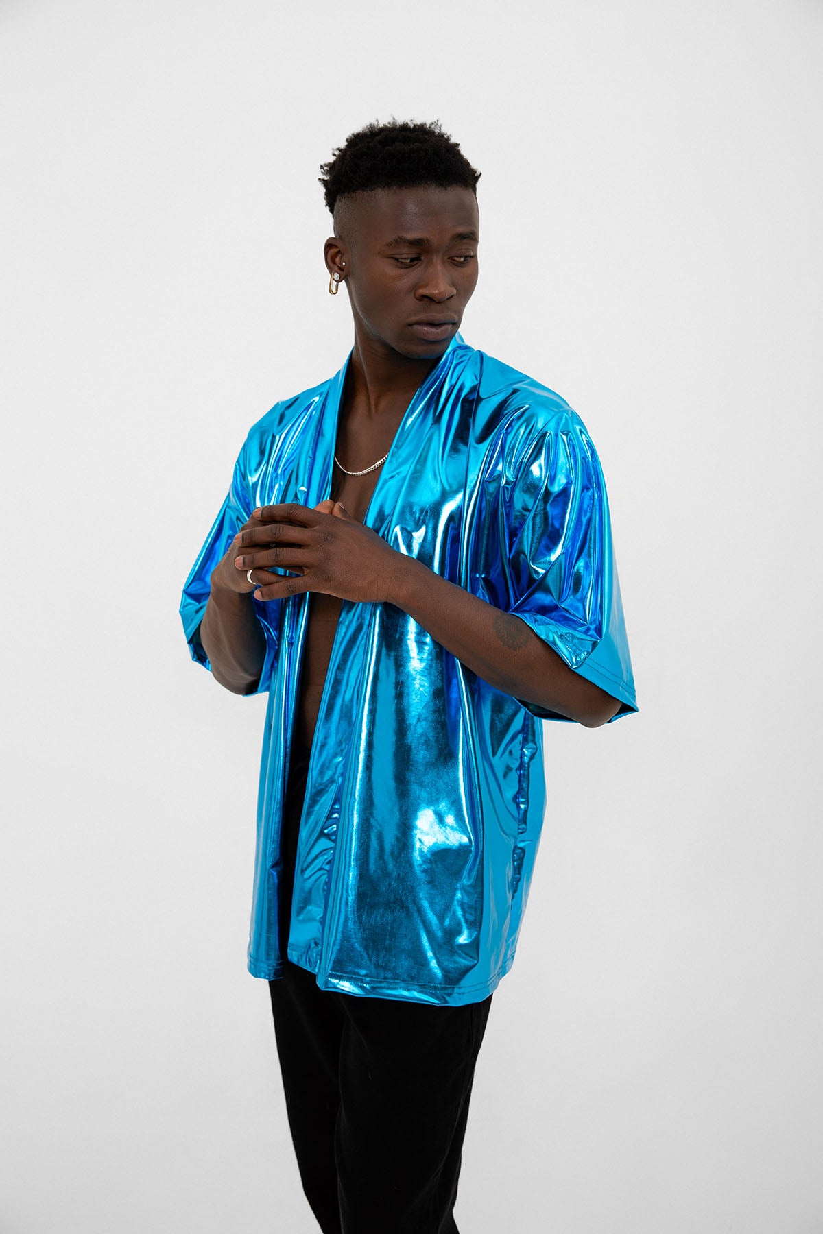 Mavi Parlak Kumaşlı Festival Kimono