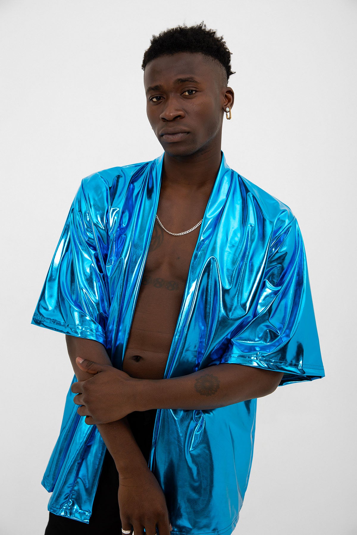 Mavi Parlak Kumaşlı Festival Kimono