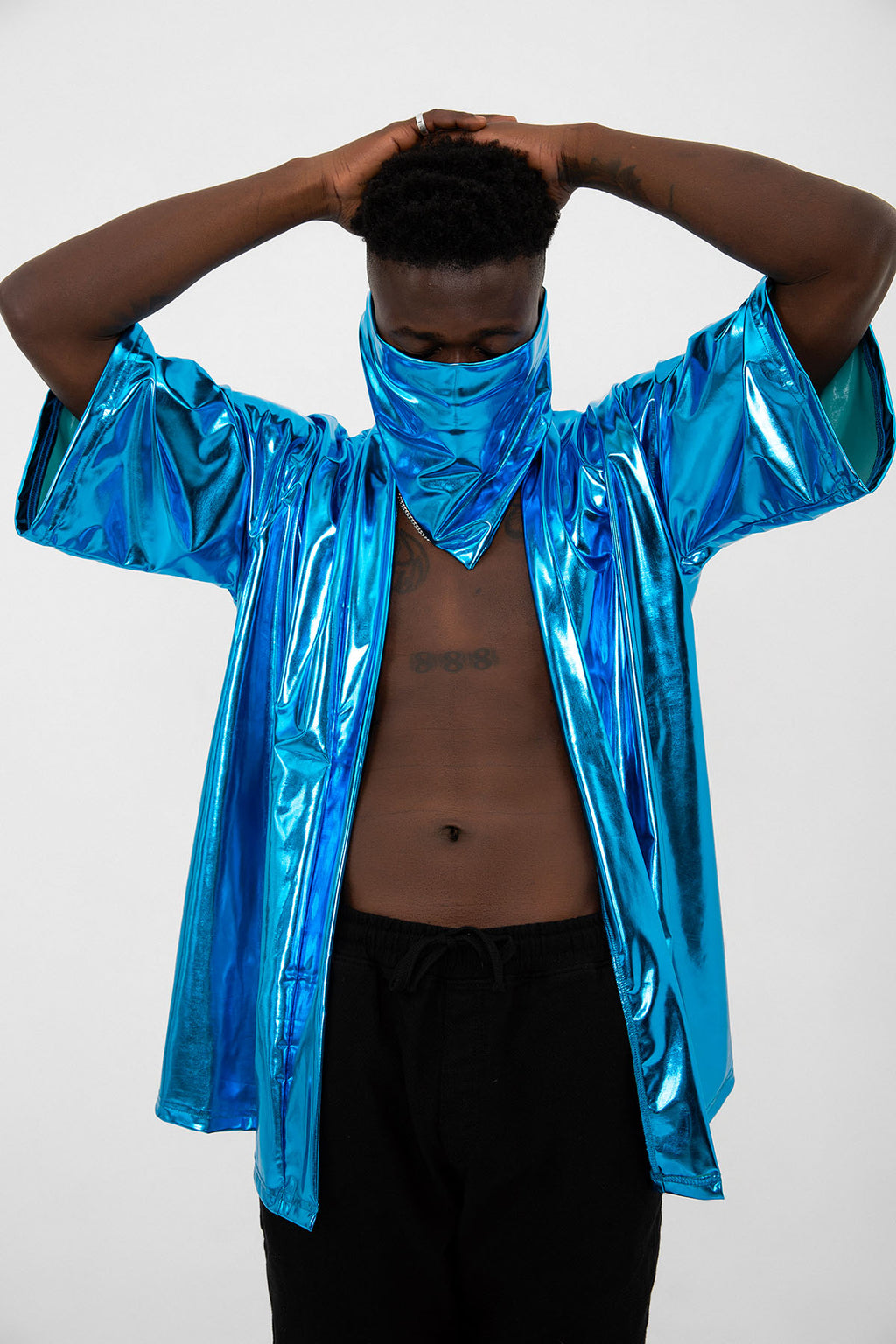 Mavi Parlak Kumaşlı Festival Kimono