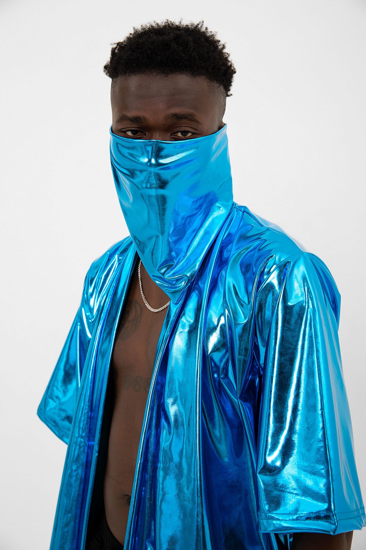 Mavi Parlak Kumaşlı Festival Kimono