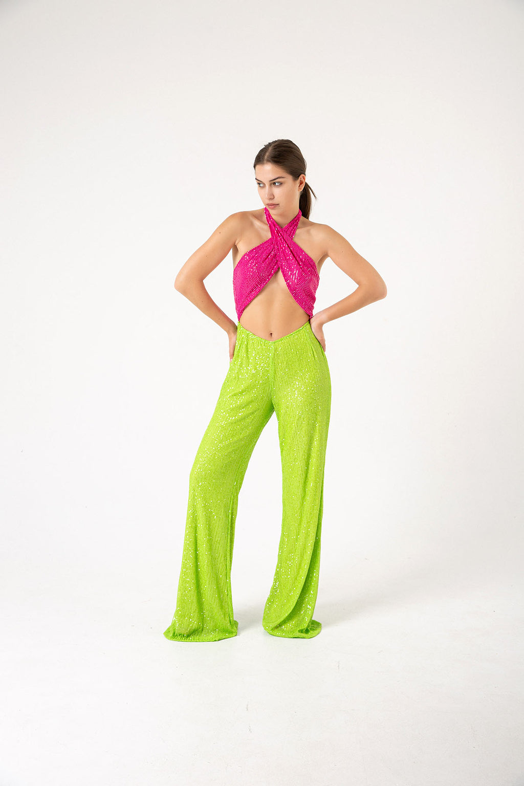 Pul Payetli Halter Yaka Pembe Yeşil İspanyol Paça Tulum