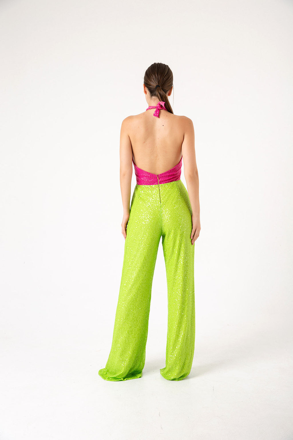 Pul Payetli Halter Yaka Pembe Yeşil İspanyol Paça Tulum