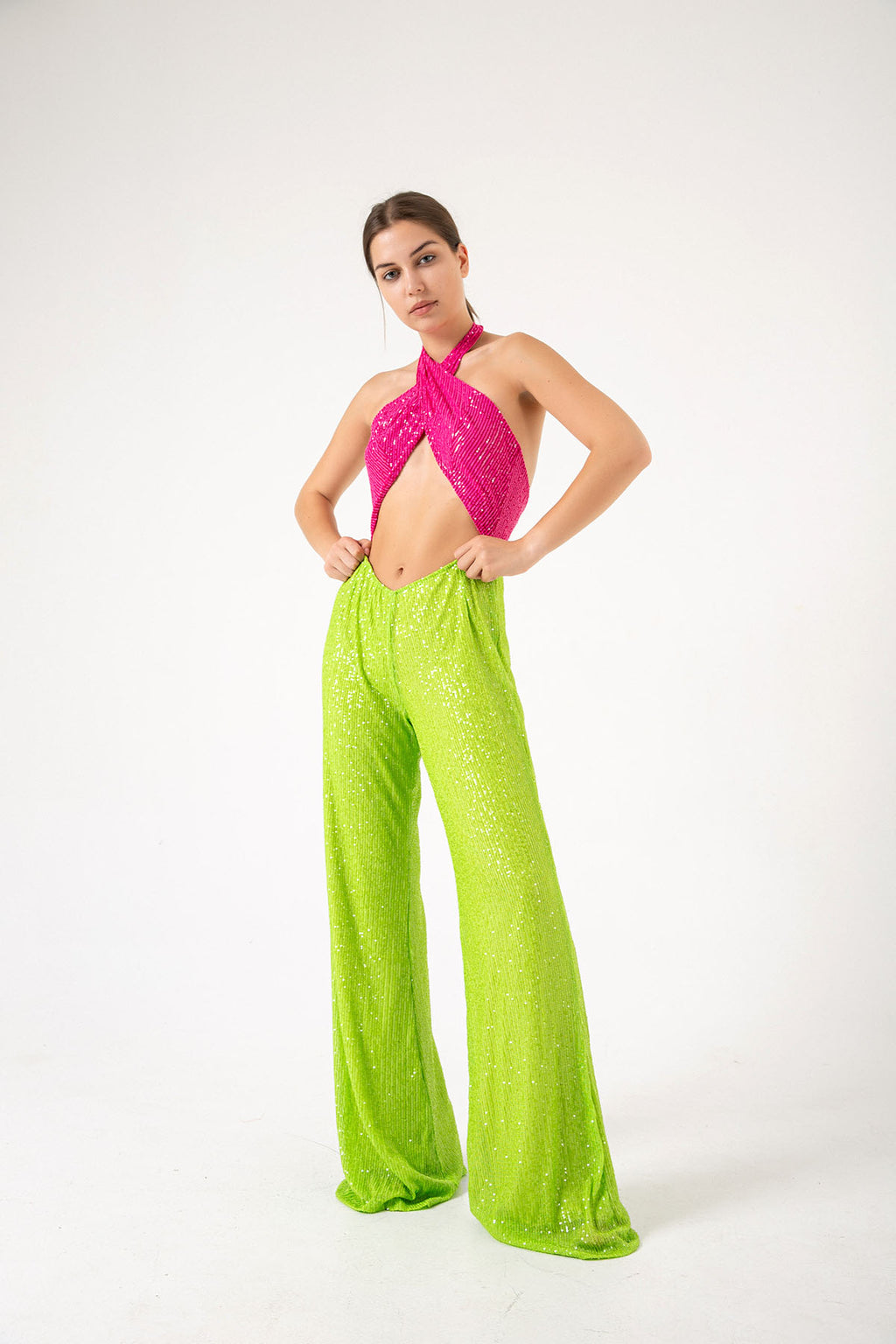 Pul Payetli Halter Yaka Pembe Yeşil İspanyol Paça Tulum