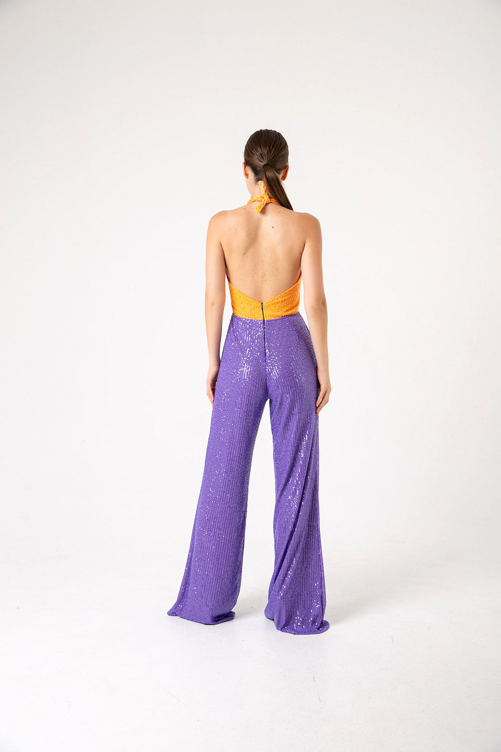 Pul Payetli Halter Yaka Turuncu Mor İspanyol Paça Tulum