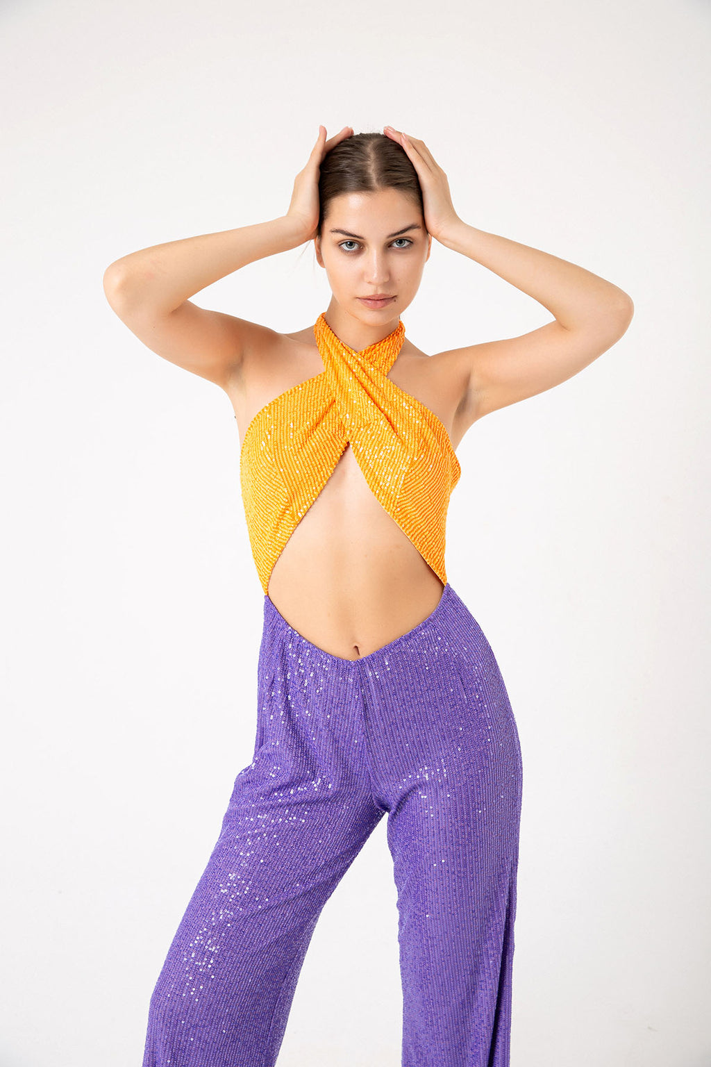 Pul Payetli Halter Yaka Turuncu Mor İspanyol Paça Tulum