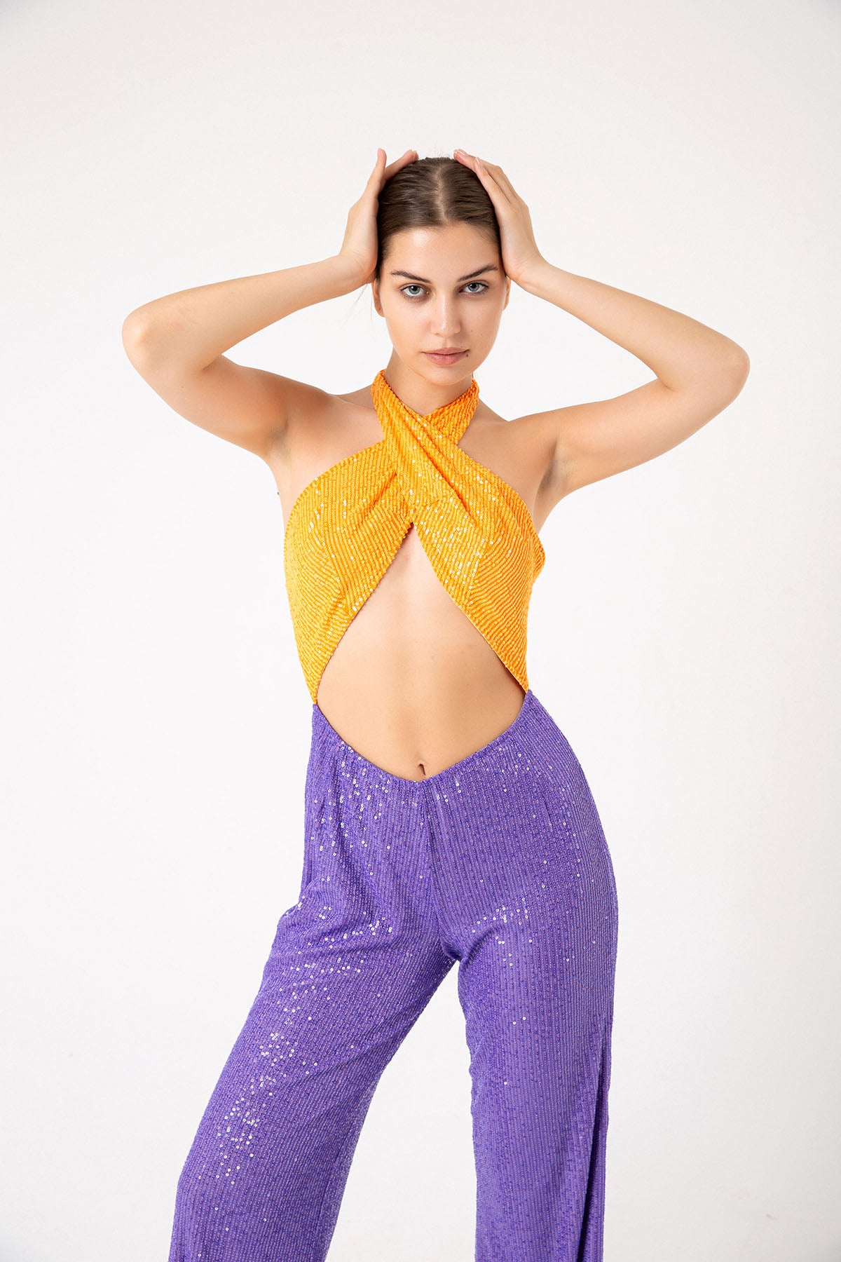 Pul Payetli Halter Yaka Turuncu Mor İspanyol Paça Tulum