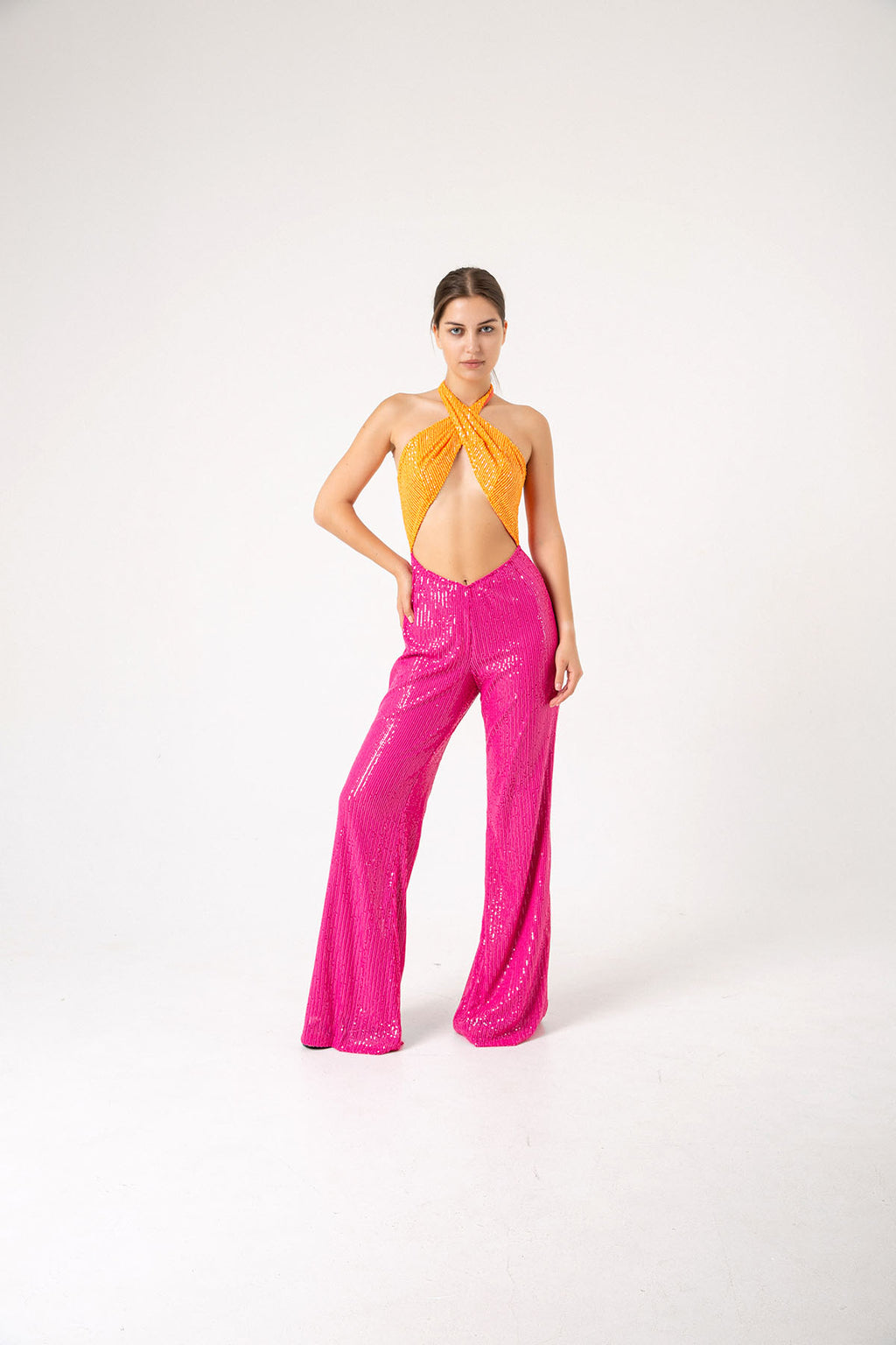 Pul Payetli Halter Yaka Pembe Turuncu İspanyol Paça Tulum