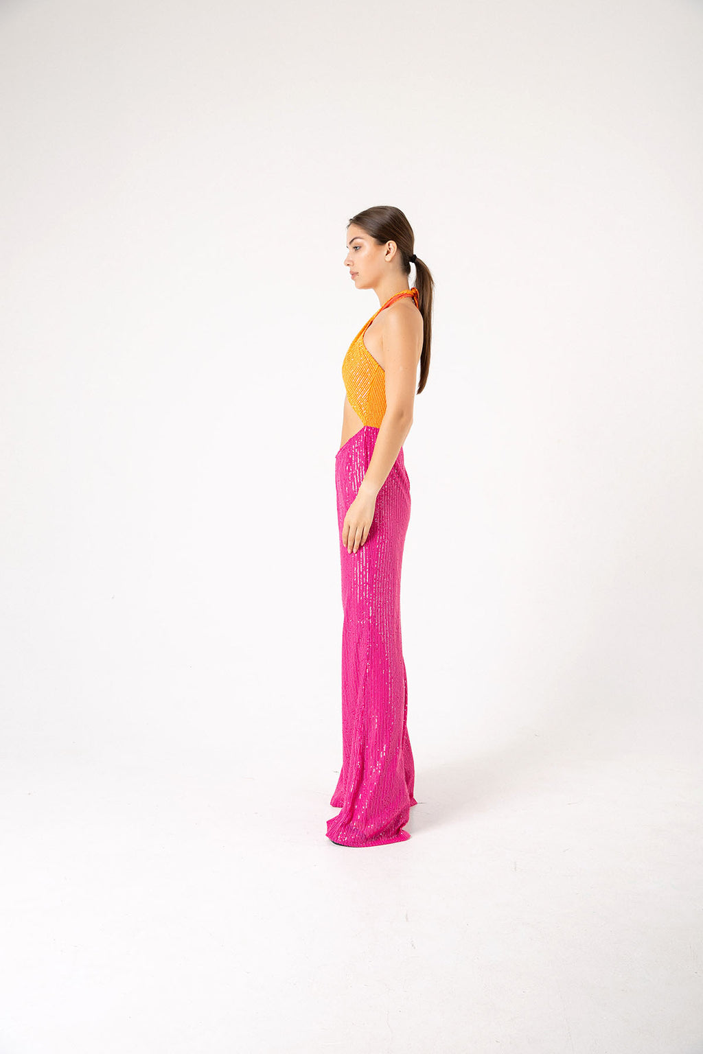 Pul Payetli Halter Yaka Pembe Turuncu İspanyol Paça Tulum