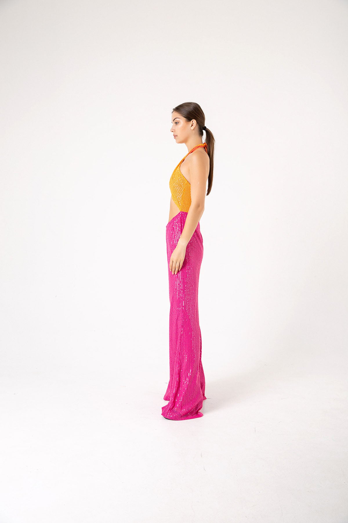 Pul Payetli Halter Yaka Pembe Turuncu İspanyol Paça Tulum