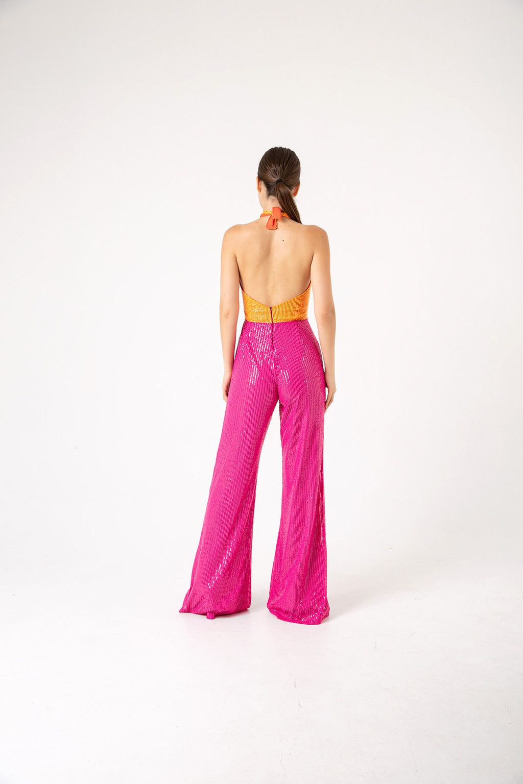 Pul Payetli Halter Yaka Pembe Turuncu İspanyol Paça Tulum