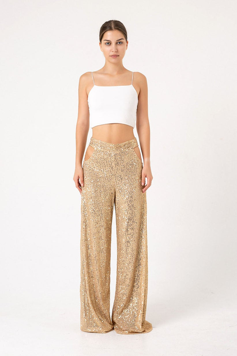 Pul Payetli Gold Cut Out Wide Leg Pantolon