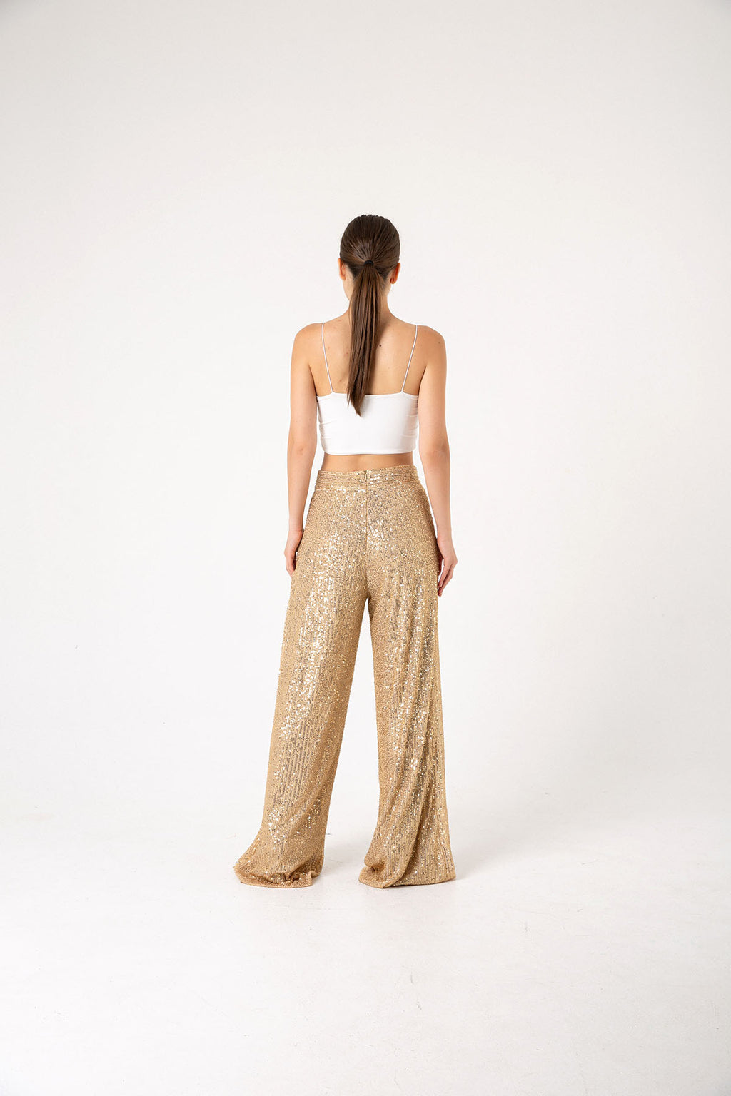 Pul Payetli Gold Cut Out Wide Leg Pantolon