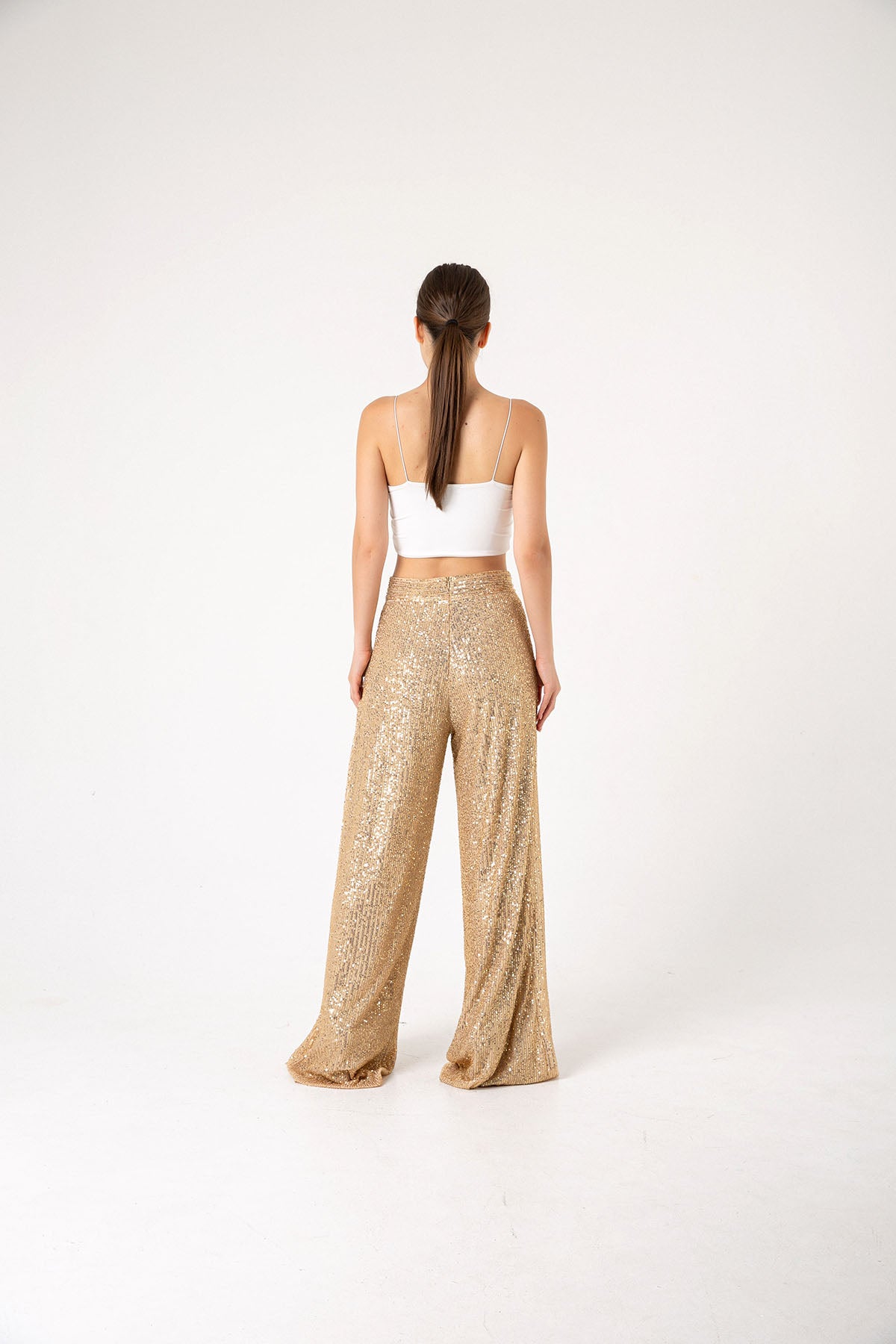 Pul Payetli Gold Cut Out Wide Leg Pantolon