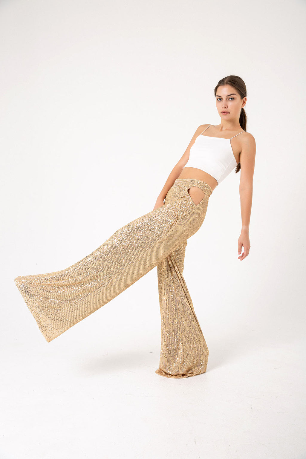Pul Payetli Gold Cut Out Wide Leg Pantolon