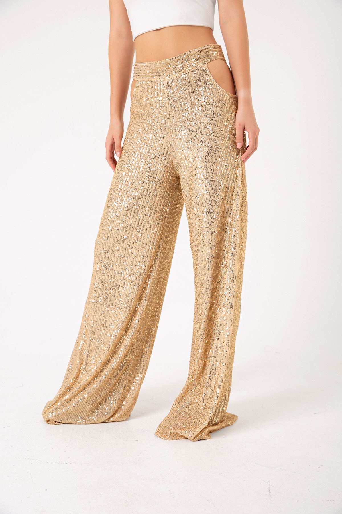 Pul Payetli Gold Cut Out Wide Leg Pantolon