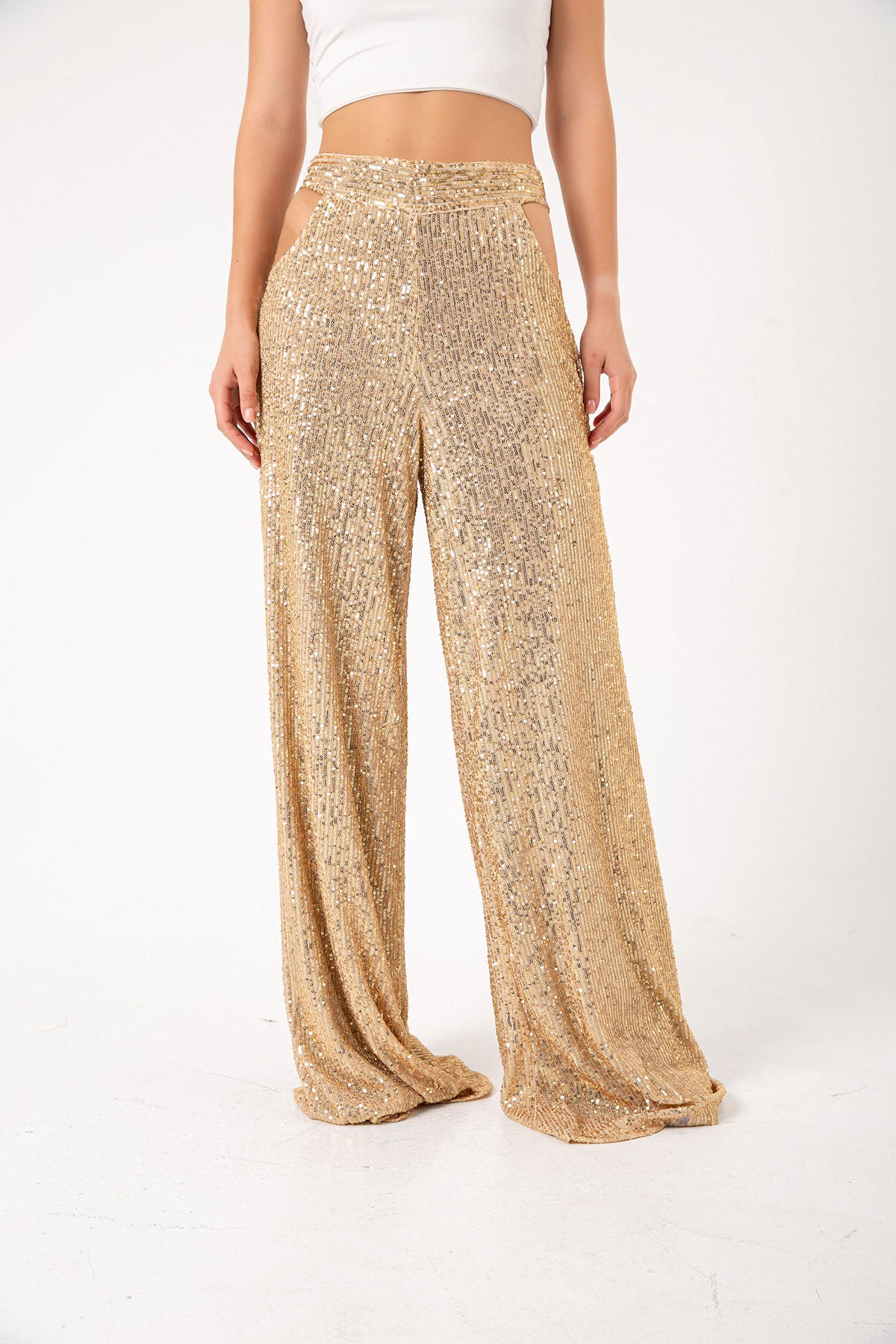 Pul Payetli Gold Cut Out Wide Leg Pantolon