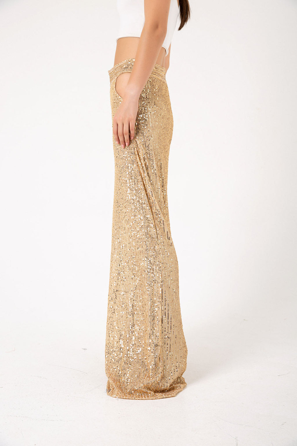 Pul Payetli Gold Cut Out Wide Leg Pantolon