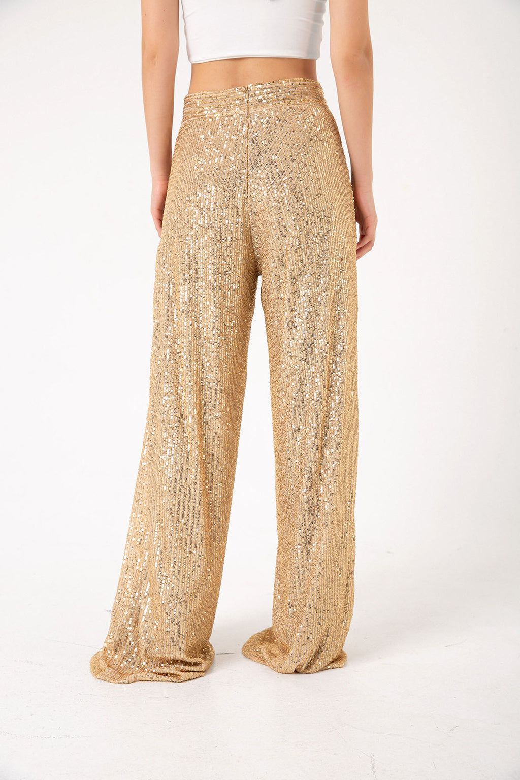 Pul Payetli Gold Cut Out Wide Leg Pantolon