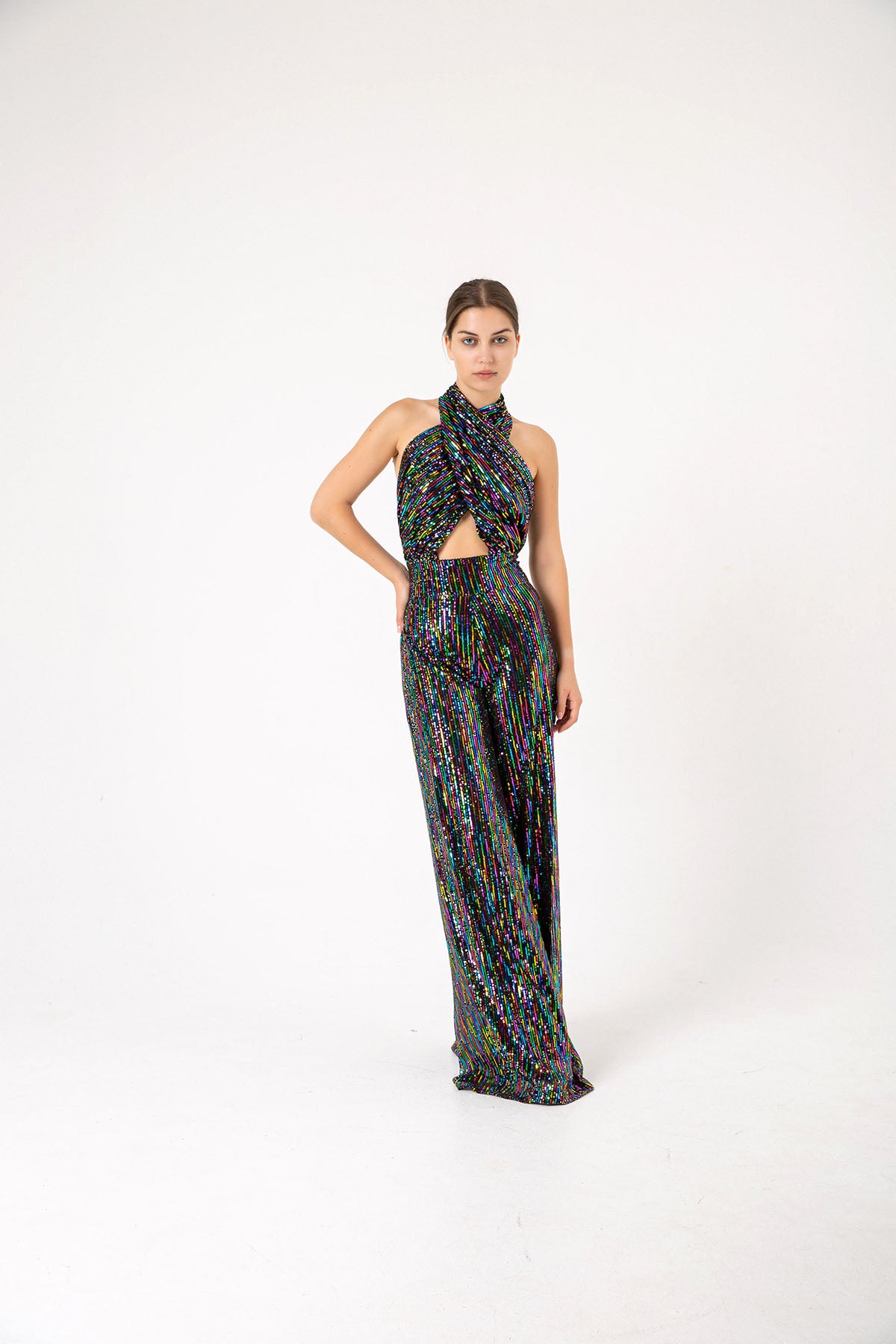 Pul Payetli Halter Yaka Çok Renkli Siyah Wide Leg Tulum