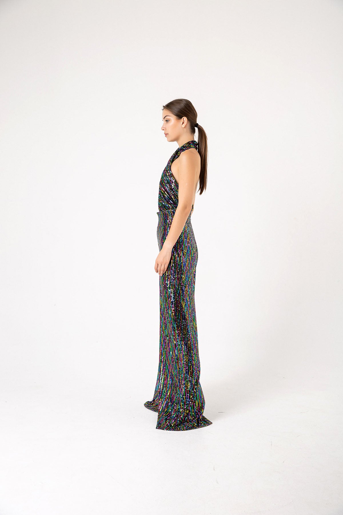 Pul Payetli Halter Yaka Çok Renkli Siyah Wide Leg Tulum