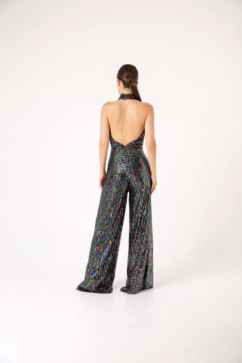 Pul Payetli Halter Yaka Çok Renkli Siyah Wide Leg Tulum