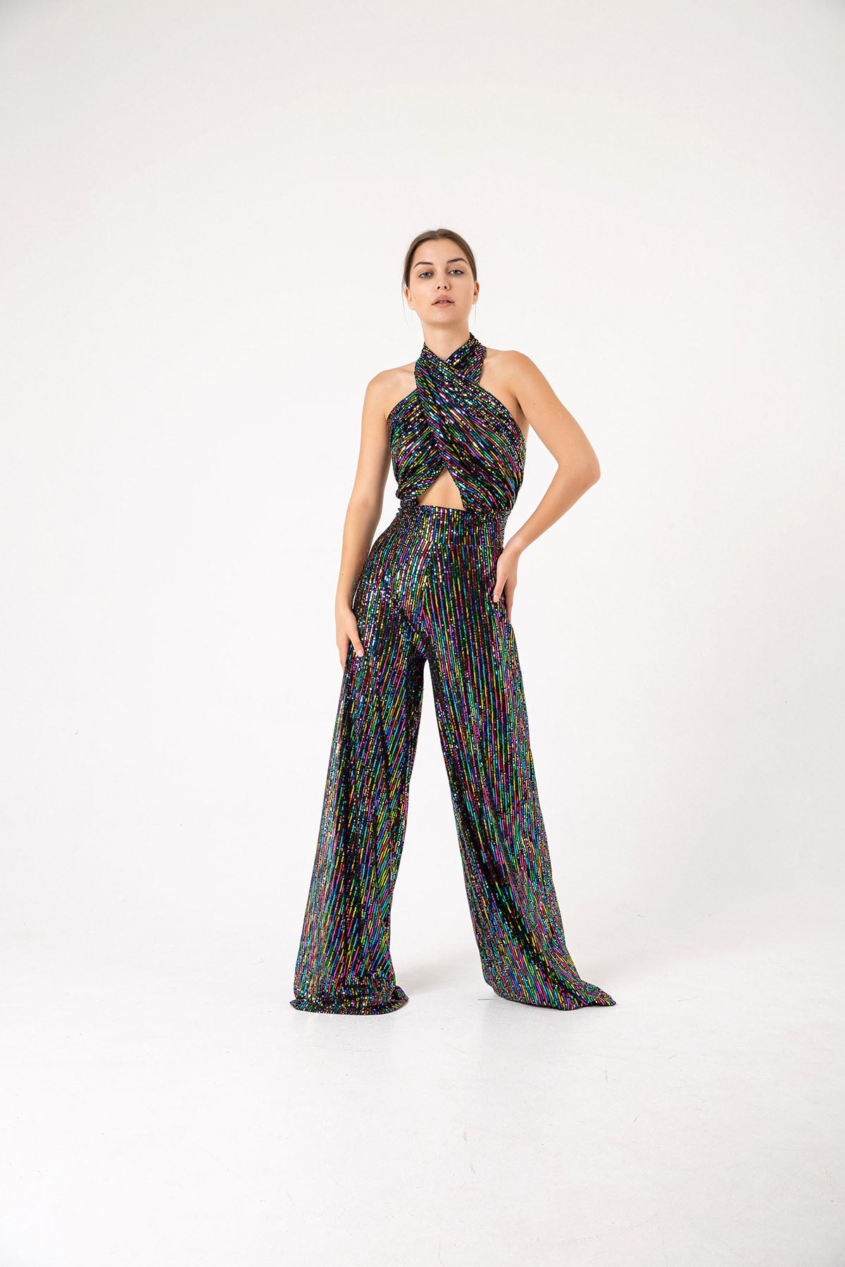 Pul Payetli Halter Yaka Çok Renkli Siyah Wide Leg Tulum