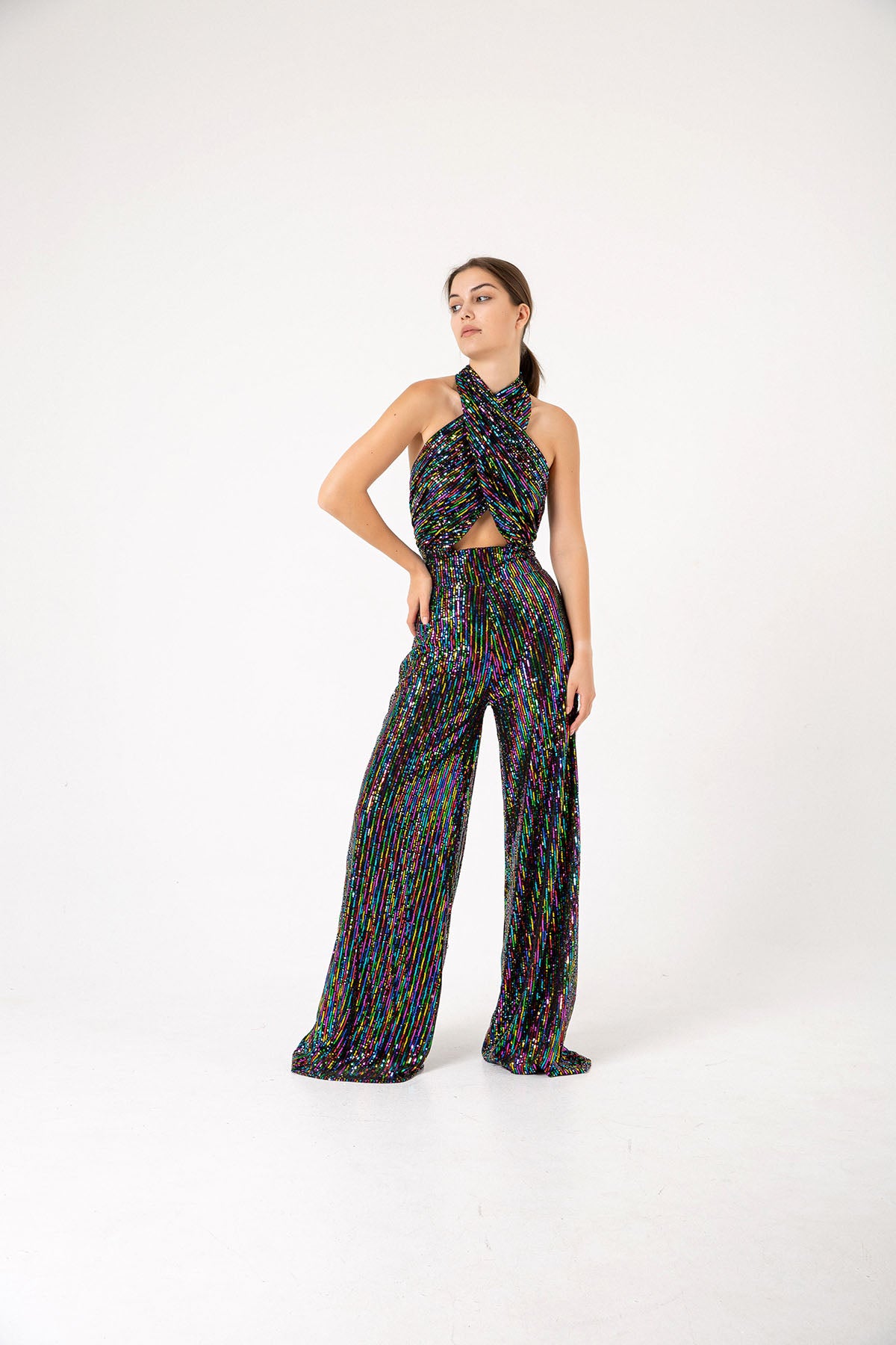 Pul Payetli Halter Yaka Çok Renkli Siyah Wide Leg Tulum