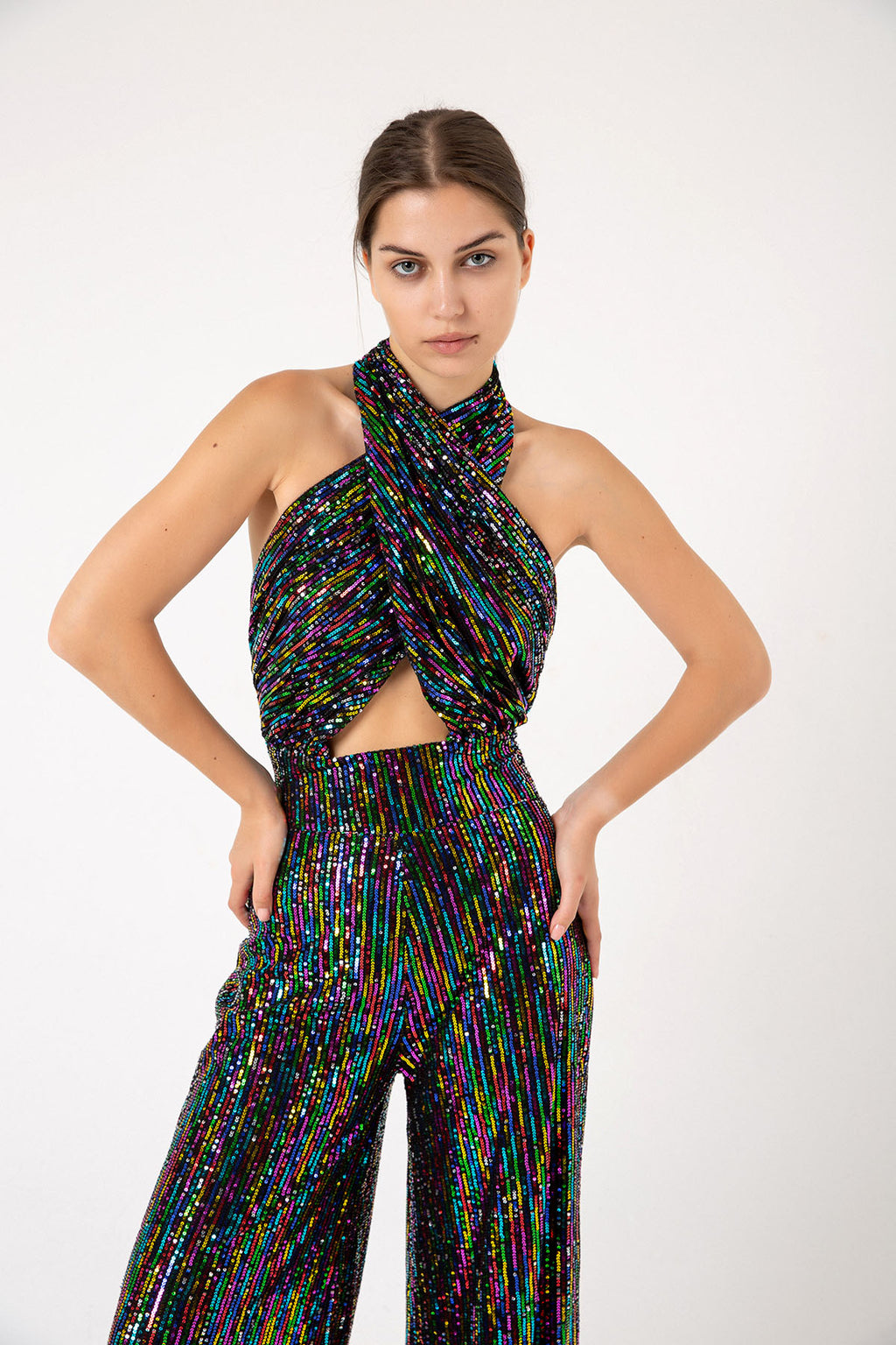 Pul Payetli Halter Yaka Çok Renkli Siyah Wide Leg Tulum