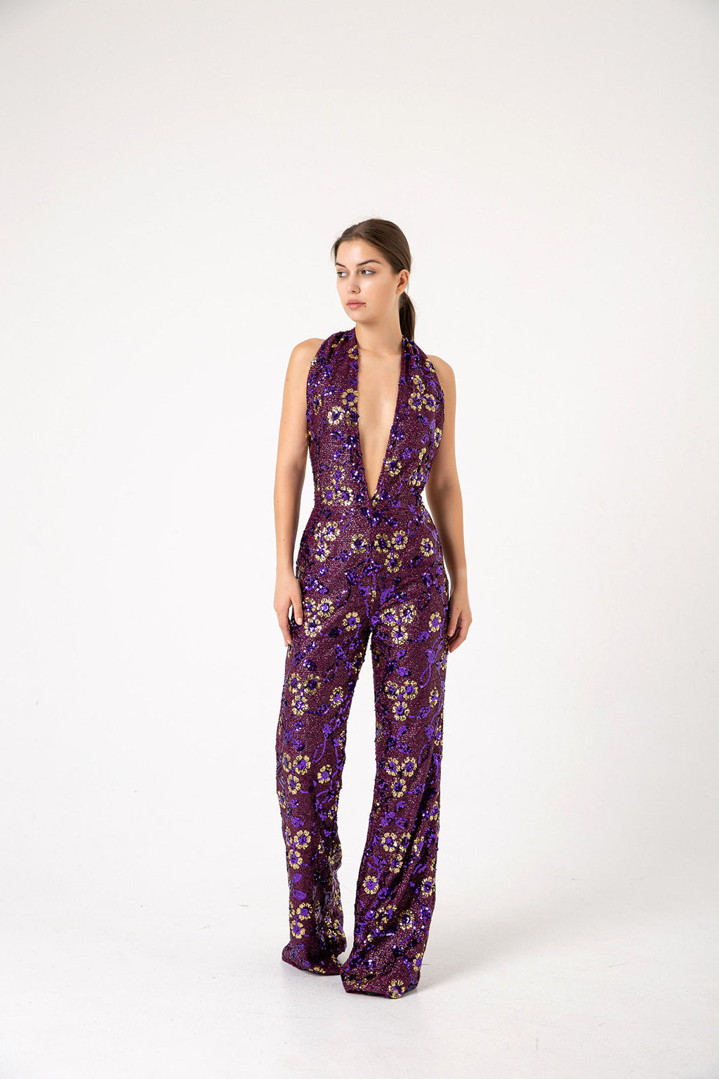 V Yaka Gold Pul Payetli Papatyalı Mor Abiye Tulum