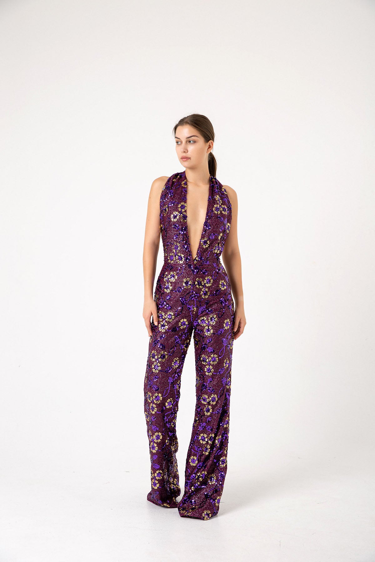 V Yaka Gold Pul Payetli Papatyalı Mor Abiye Tulum