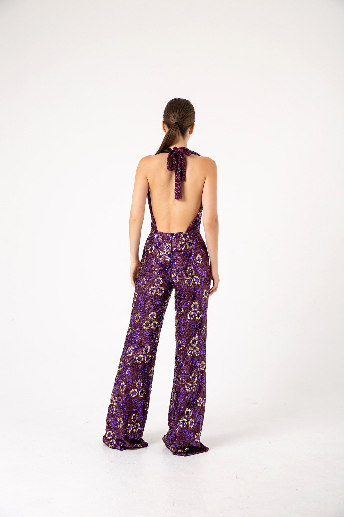 V Yaka Gold Pul Payetli Papatyalı Mor Abiye Tulum