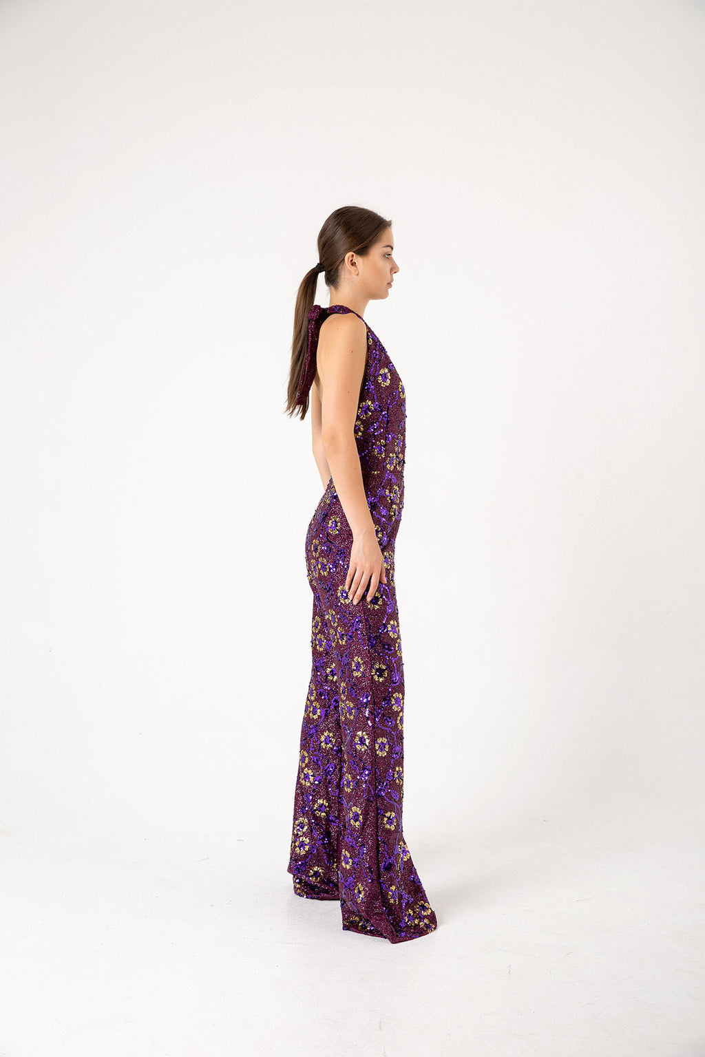 V Yaka Gold Pul Payetli Papatyalı Mor Abiye Tulum