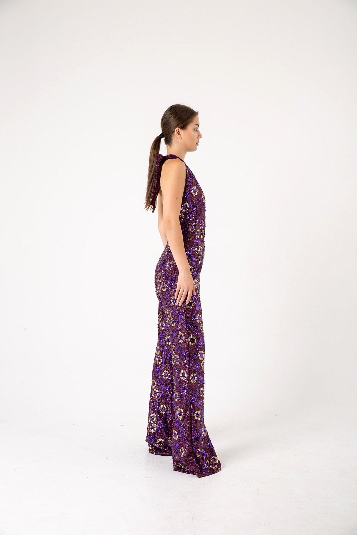 V Yaka Gold Pul Payetli Papatyalı Mor Abiye Tulum