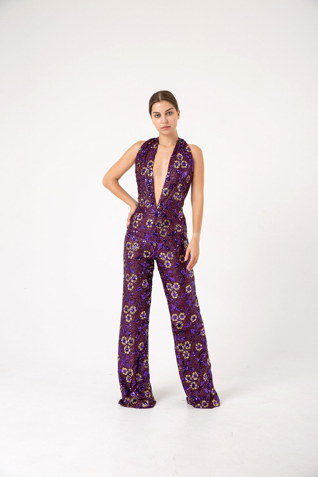 V Yaka Gold Pul Payetli Papatyalı Mor Abiye Tulum